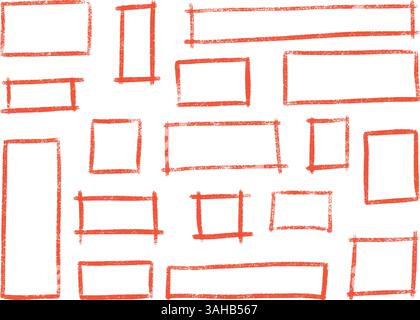 Red crayon or chalk sketchy rectangle highlight set - hand drawn rough marker or ink shapes, graphic underlining element Stock Vector