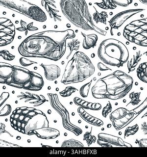Farm fresh meat products seamless pattern. Vector hand drawn sketch illustration of salami, ham, pork leg, sausages. Butcher shop food package, print, Stock Vector