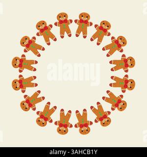 Round frame of gingerbread men. Vector illustration. Stock Vector