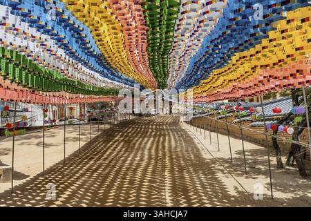 Haeinsa-gil, South Korea. May 26, 2020: Pathway through temple shaded by rows of colorful paper lanterns Stock Photo