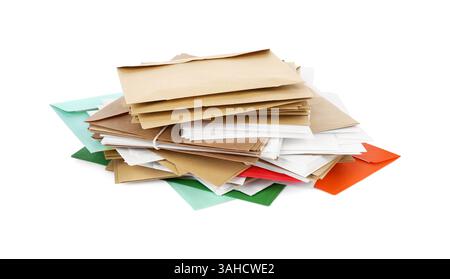 Stack of different paper envelopes on white background. Post office Stock Photo