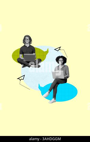 Image poster collage of businesswoman businessman use netbook for talking on yellow color background Stock Photo