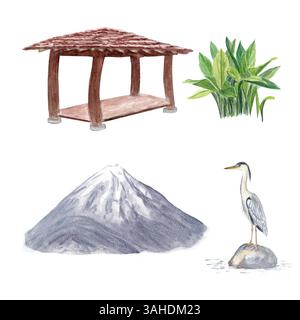 Grey heron bird standing on a stone, gazebo, plant, a mountain watercolor illustration set isolated on white. Hand drawn clipart perfect for card Stock Photo