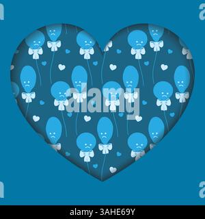 Deflated and Round balloon on rope with tied Ribbon. Heart shape Pattern Blue Monday Cards Design. Isolated Vector illustration Thematic Greeting Cards Wallpaper Background or print materials, labels Stock Vector