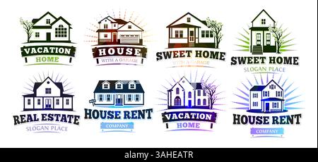Colorful Real Estate Logo Set With Houses, Trees, and Sunburst Elements, Ideal for Property Sale, Rent, Vacation Homes, or Construction Branding Stock Vector