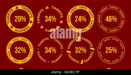 Tariff Percentage Labels In Red And Yellow Warning Style With Circular Borders, Bold Typography, And Risk Symbol Design. Vector Illustration Stock Vector