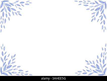 Frame. In each corner of the background there are patterns consisting of leaves of different sizes. Blue color. Drawing with colored pencils. White co Stock Photo