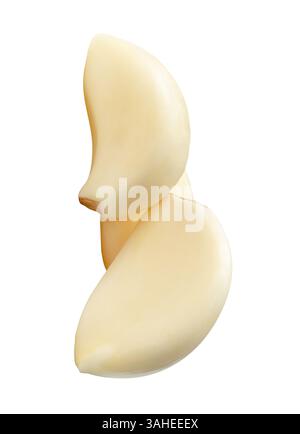 Side view of three white peeled garlic cloves or pieces in stack is isolated on white background with clipping path. Stock Photo