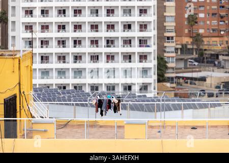 High Rise Daundry Photo of clean clothes drying and pegged on a washing line on top of a ...