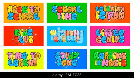 Bright Bubble Letter Education Phrases Like Back to School and Time to Learn with Smiling Faces and Colorful Backgrounds. Perfect for Kids Learning Stock Vector