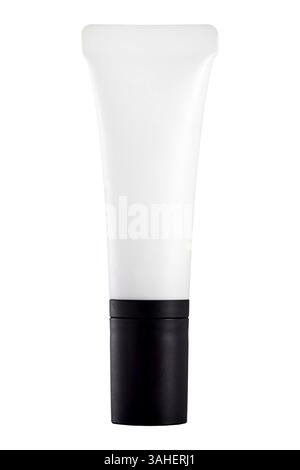 straight flat shot of a white mock-up empty makeup cosmetics plastic squeeze tube with closed black head cap isolated on white background with clippin Stock Photo