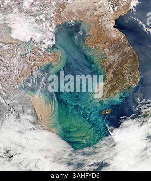Feb. 24, 2015 - ....The Yellow Sea from space..The Yellow Sea from space - 24 Feb 2015..Remote sensing of ocean colour in the Yellow Sea can be a challenge. Phytoplankton, suspended sediments, and dissolved organic matter colour the water while various types of aerosols modify those colours before they are ''seen'' by orbiting radiometers...The Aqua-MODIS data used to create the above image were collected on February 24, 2015...NASA's OceanColor Web is supported by the Ocean Biology Processing Group (OBPG) at NASA's Goddard Space Flight Center. Our responsibilities include the collection, proc Stock Photo