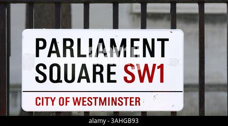 Street sign for Parliament Square, City of Westminster, London SW1, England. Stock Photo