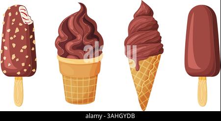 Delicious chocolate ice creams. Popsicle, waffle cone, chocolate soft serve cone. Hand drawn flat style isolated illustration For dessert menus, ice cream packaging, posters, social media, summer food Stock Vector