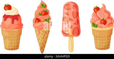 Strawberry ice creams. Waffle cone with whipped cream, strawberry popsicle. Hand drawn flat style isolated illustration. For dessert menus, ice cream packaging, posters, social media, summer food Stock Vector
