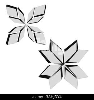 3D floral emblem. Rhombus petal shape. Geometric flower vector. Modern grayscale symbol. Stock Vector