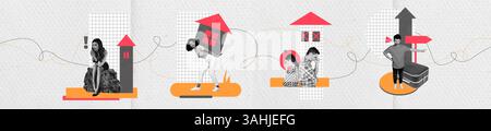 Creative collage artwork with modern graphic illustrations of people and homes displayed in a contemporary visual design Stock Photo