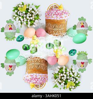 Seamless pattern with glazed Easter cakes, colorful eggs, toy chickens and bouquets on a light square background Stock Photo