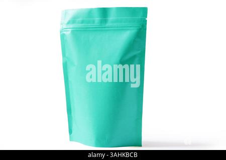 aqua green doypack stand up pouch on white background for food packaging. flexible packaging Stock Photo