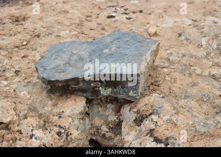 flat stone on the ground ready to sit on, full of moss and lichen. Stock Photo