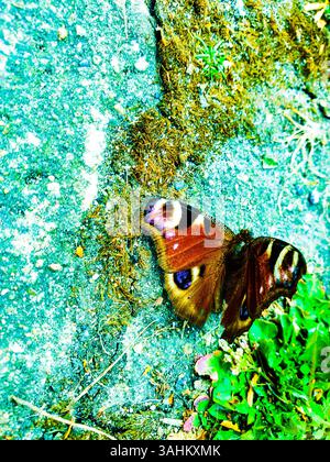 Close up of a peacock butterfly with open wings on a stone wall Stock Photo