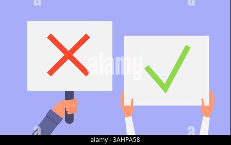 Man and woman hands holding boards with prohibition and approved sign for voting. Conflicting interests and opposite points of view concept. Stock Vector