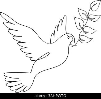 Flying Dove Bird with Branch. One Continuous Line Drawing. Pigeon Symbol of Peace and Freedom in Simple Linear Style. Vector Illustration. Hand Drawn Stock Vector