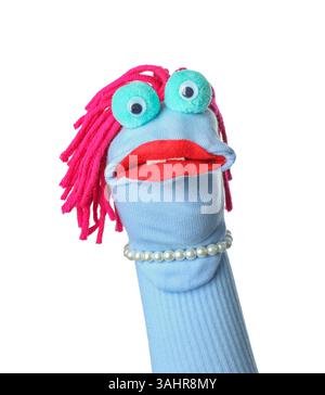 Funny sock puppet with hair isolated on white Stock Photo