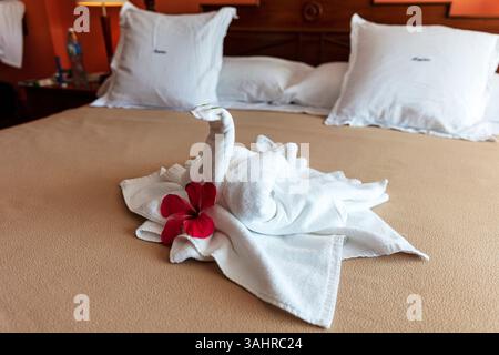 Towel Art, Towel swan, towel shaped like swan, hotel welcome, hotel greeting, hotel towel, hotel hello, made bed, hotel bed, hotel beds, hotel, bed Stock Photo