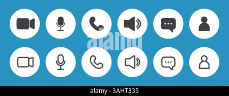 Icon Videocall. UI interface video chat. Set of buttons for online business webinar. Communication symbols. Flat Vector illustration Stock Vector