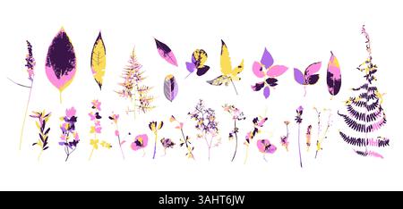 Rough edges dried floral funky purple and yellow silhouettes set. Boho minimalist wild herb stamps. Botanical rustic elements bundle Stock Vector