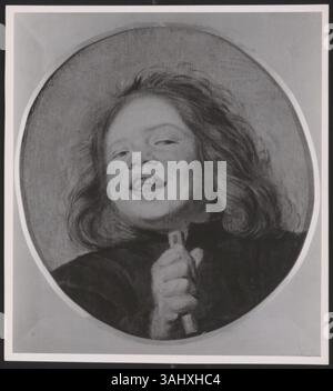 A work from the Frans Hals workshop, featuring a laughing boy with a flute, dated between 1624 and 1629. The painting is housed in a private collection. Stock Photo