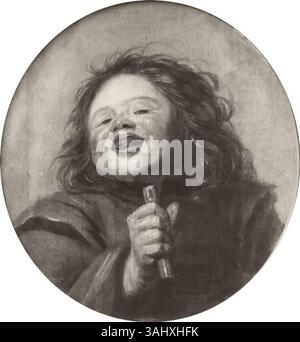An oil painting from the workshop of Frans Hals, showing a laughing boy with a flute, dated circa 1624-1625. This piece was displayed at Kleinberger Galleries in Paris. Stock Photo