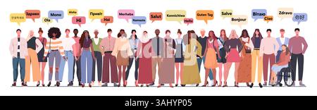 Multinational young people chatting with dialogue speech bubbles in different languages. Crowd say hello. Vector illustration. Not AI generated Stock Photo