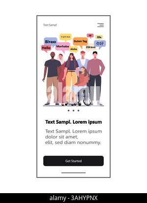 Speech bubbles. Group of people say hello in different languages. Web design and mobile template.Vector illustration. Not AI generated Stock Photo