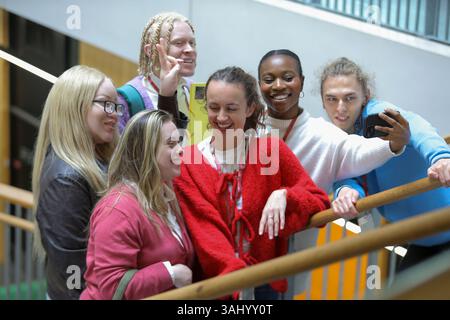 Disabled students taking selfie at university Stock Photo