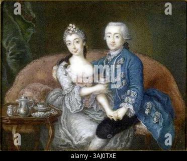Anton Friedrich König's 18th-century painting features a couple seated on a red upholstered sofa. The man, in a silver-embroidered blue velvet coat and powdered wig, holds the lady's hand. She, wearing a white silk dress with lace cuffs and a pink ribbon, holds a cup and saucer. A wooden table with coffee pot, jug, and sugar bowl completes the scene. Stock Photo