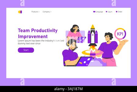 Team productivity improvement concept. Collaborative effort to enhance work efficiency through innovative tools. Focus on achieving KPIs and engaging strategies for better performance. Vector illustration. Stock Vector