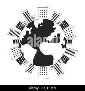 Earth globe with city buildings around doodle linear object Stock Vector