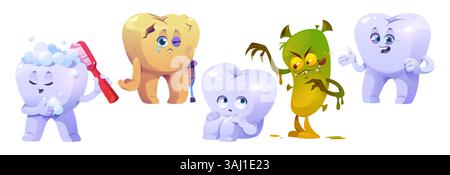 Cartoon tooth characters for kids dental hygiene concept - happy smiling healthy teeth, sick and scary of bacteria with angry expressions. Children friendly illustration to make oral care fun. Stock Vector