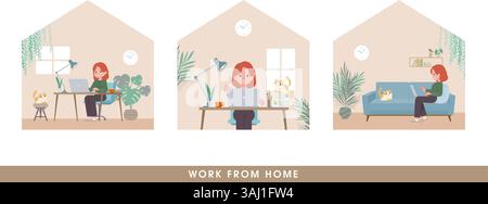 A set of redhead woman working from home. It's vector art so easy to edit. Stock Vector