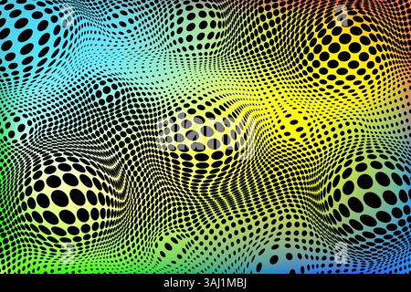 A swirling, 3D textured pattern of black dots on colorful background, creating an optical illusion. Stock Vector