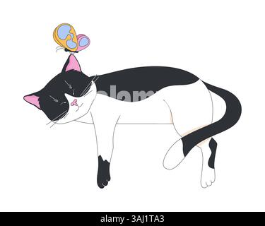 Sleeping black and white cat with butterfly 2D cartoon character Stock Vector