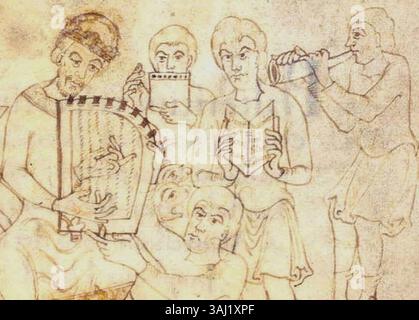This illustration depicts David playing the harp before King Saul ...