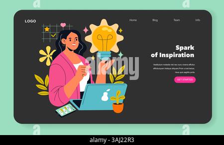Workflow illustration emphasizing creativity and inspiration. A woman brainstorming while using technology, showcasing an idea generation process. Elements include plants and light bulbs, symbolizing innovation. Vector illustration. Stock Vector
