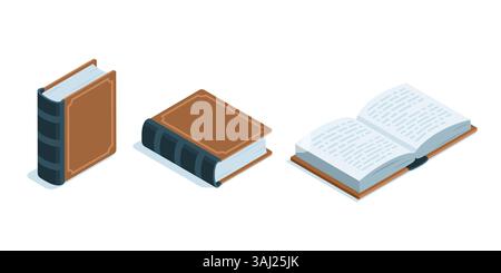 isometric closed and open book, in color on a white background, old book or library Stock Vector