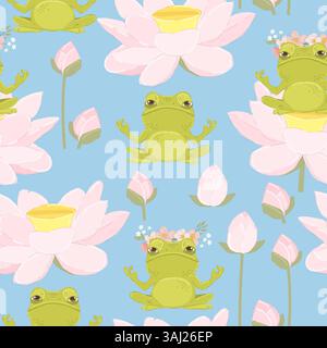 Seamless Pattern with Cute frog doing yoga sitting on lotus Stock Vector