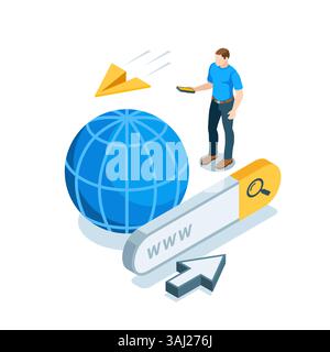 isometric man with a smartphone near the globe and search field, in color on a white background, internet search Stock Vector