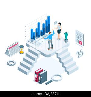 isometric chart and business people, in color on a white background, working with statistics or analytics Stock Vector