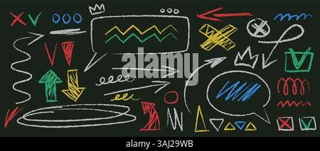 Colorful chalk doodle elements on blackboard - frames and borders, arrows and crowns, check mark lines and lightning bolts, circles and scribbles. Hand drawn sketch shapes set on school chalkboard. Stock Vector